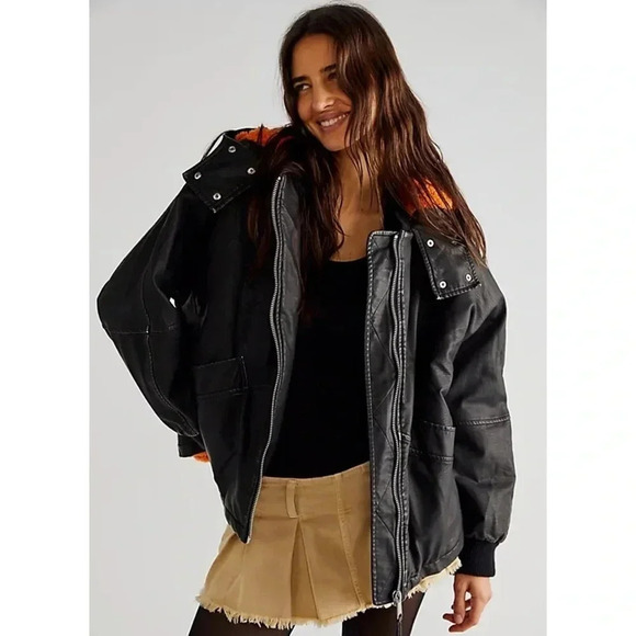 New Free People Moxy Trapeze Vegan Leather Bomber Jacket Coat Black - Picture 1 of 10